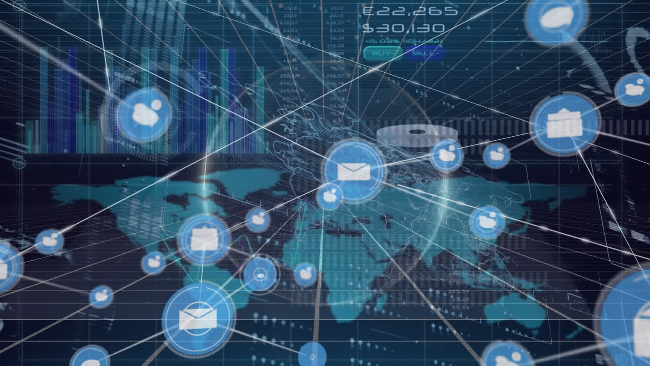 animación de iconos conectados con líneas, barras, informes y mapa contra un fondo abstracto.