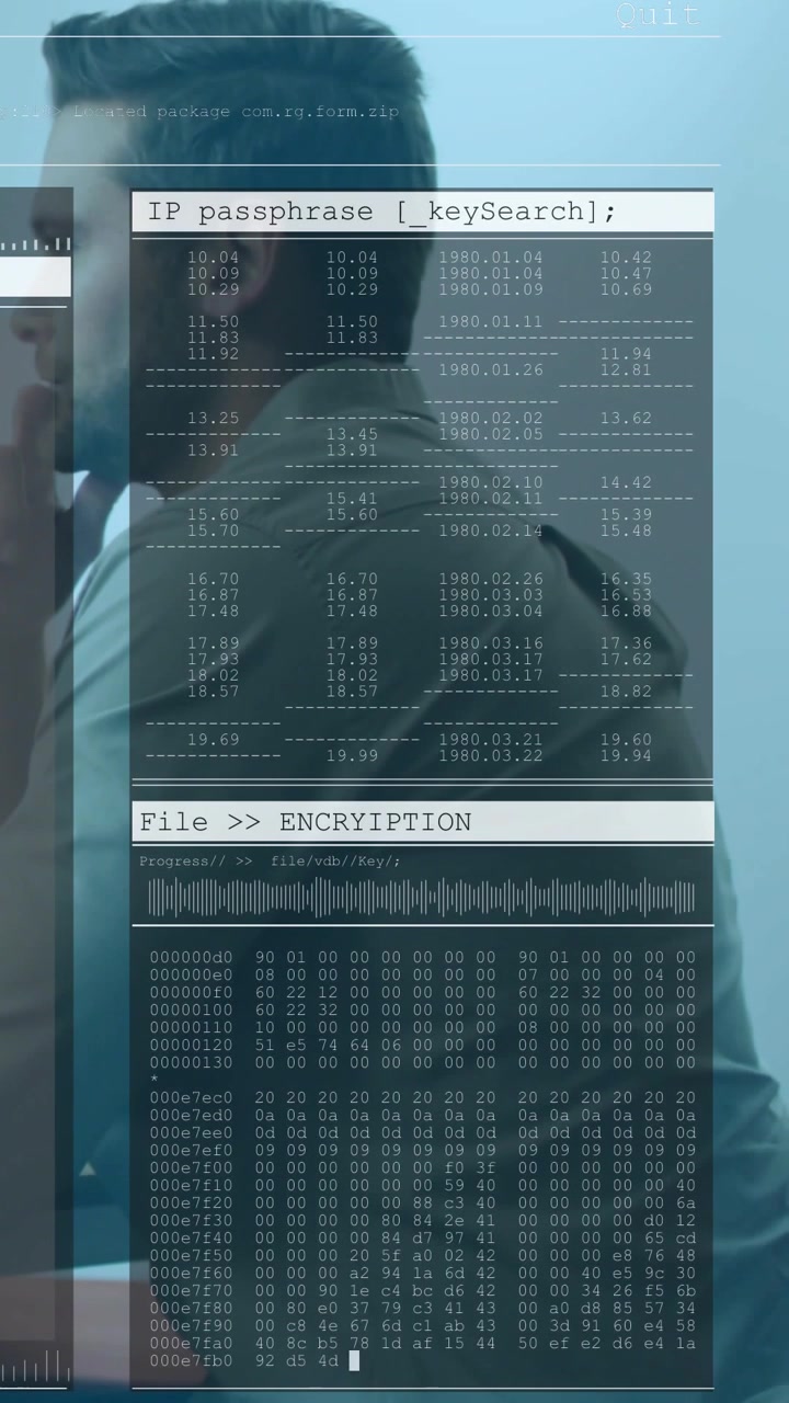 Vertikal video: Man som ringer ett telefonsamtal, initierar säkerhetsöverlägg som analyserar IP-lösenfrasens hex-dump