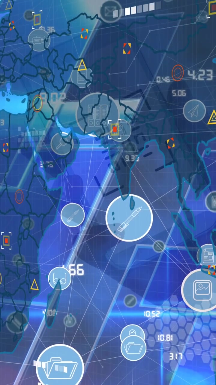 Animation of media icons and world map over blue background