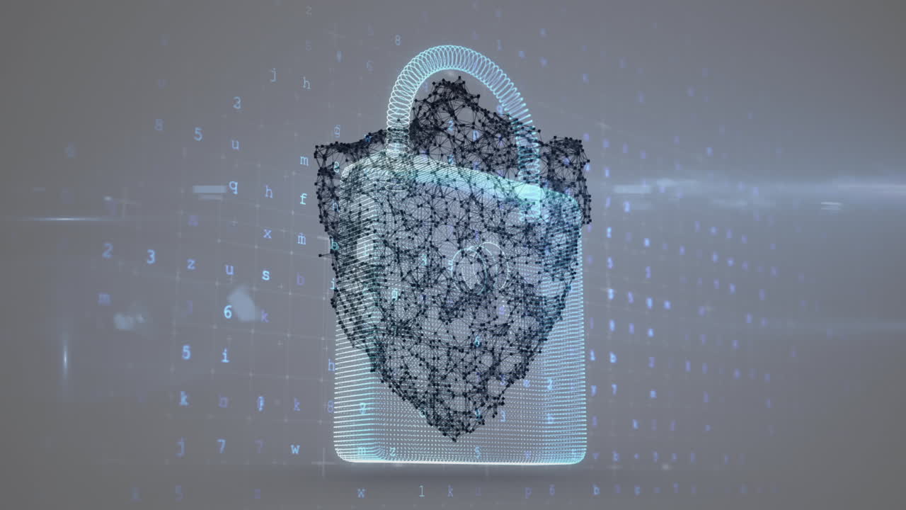 animación de números y letras cambiantes sobre el escudo en línea y el candado de seguridad