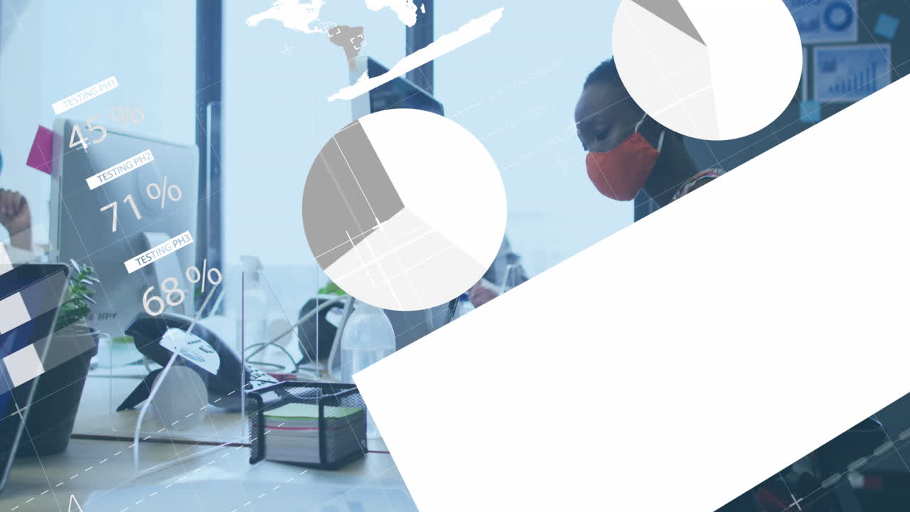 사무실에서 메모를 취하는 아프리카계 미국인 여성에 대한 통계 데이터 처리의 애니메이션