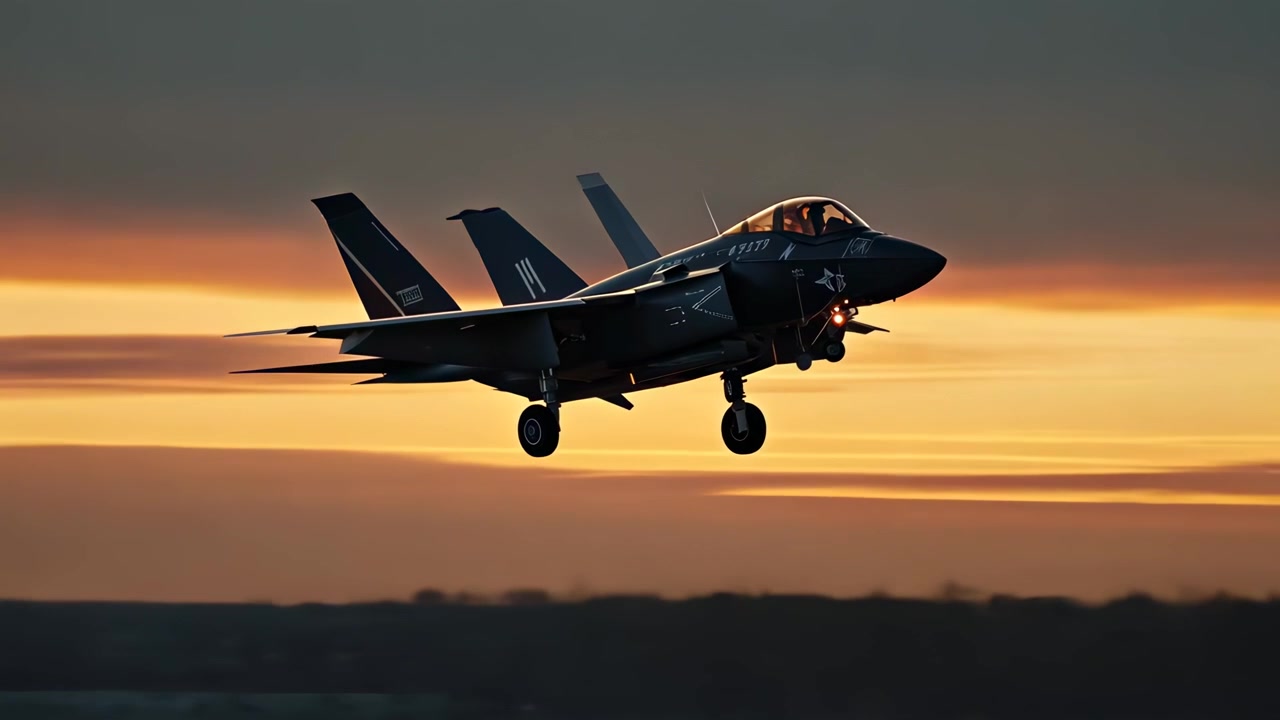 Militär-Kampfjet landet bei Sonnenuntergang