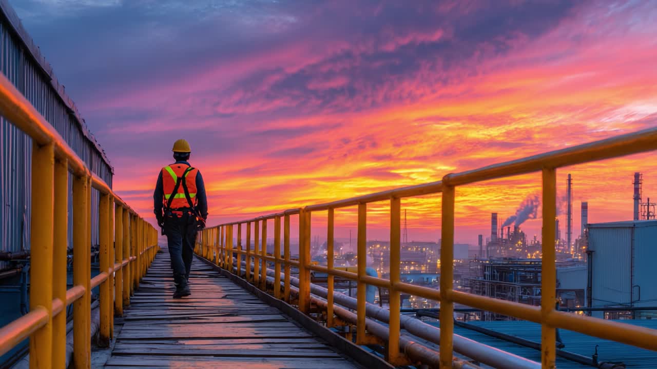 A worker walks along a catwalk at sunset, silhouetted against vibrant clouds and an industrial landscape, capturing the essence of labor amidst natural beauty