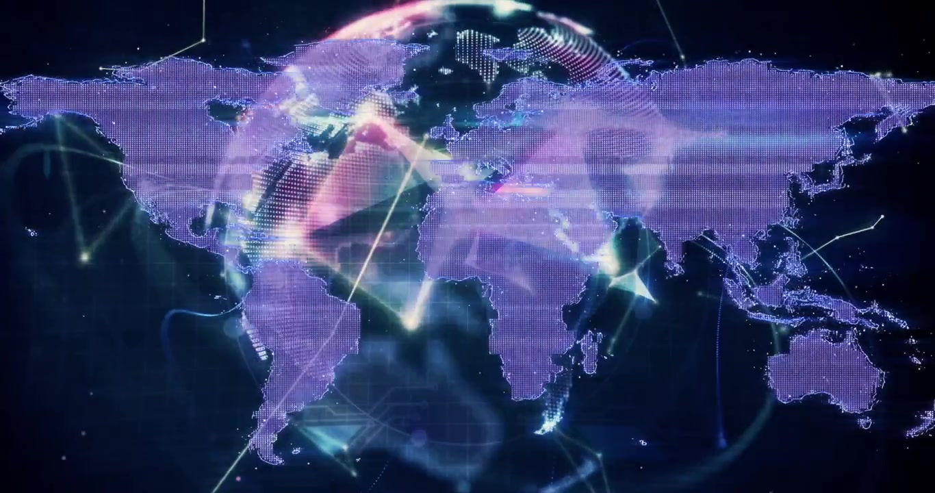 Animation af plexus-netværk, der danner en globus over et verdenskort mod en blå baggrund.