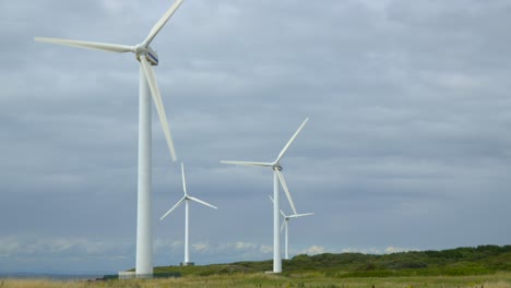 windmills on windy coastline rotating against bright cloudy summer sky