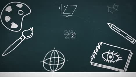 animation of mathematical equations and school icons on black background