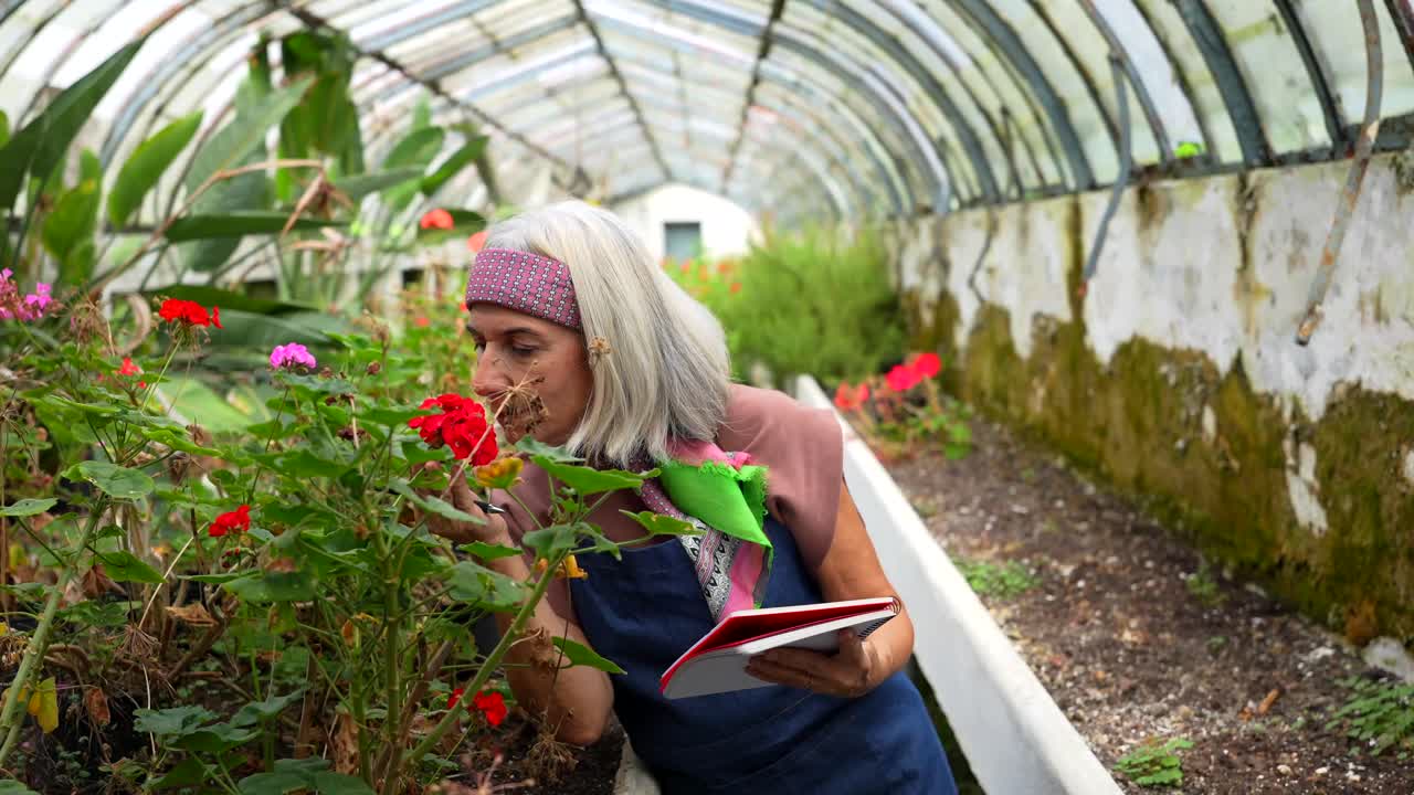 Woman in Greenhouse with Flowers