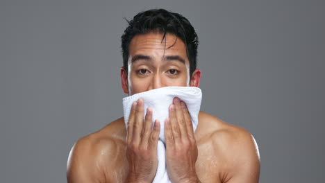 asian man, shower and towel for grooming