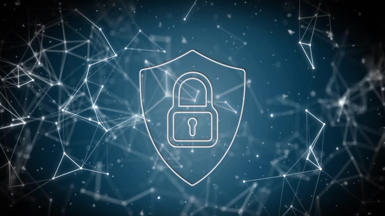 animación de la red de conexiones flotando sobre el icono del candado de seguridad en fondo de gradiente azul