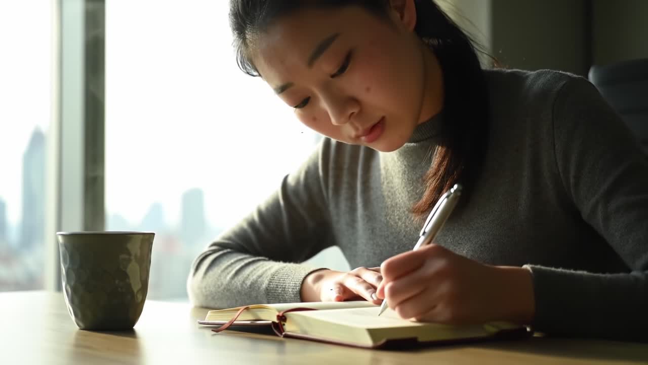 A Young Woman Engaged in Reflective Writing at Her Desk, Captured in Warm Natural Light with a Coffee Cup Nearby, Emphasizing Focus and Creativity in a Cozy Environment