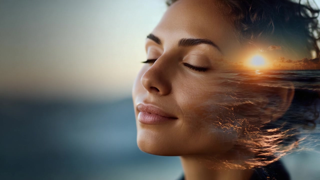 Un Retrato Sereno que Captura la Paz Interior y la Belleza Natural con un Reflejo del Atardecer en el Océano, Resaltando la Tranquilidad y la Conexión con la Naturaleza