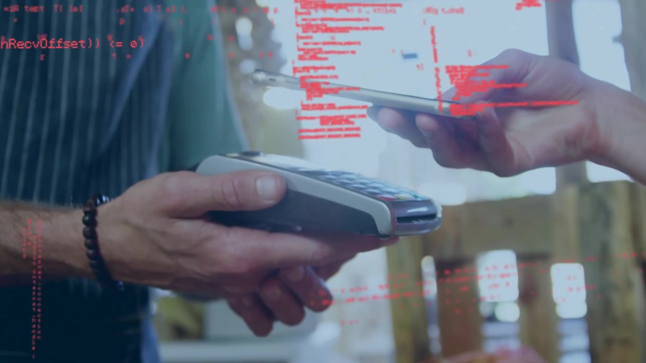 Animation of data processing over caucasian woman paying with smartphone