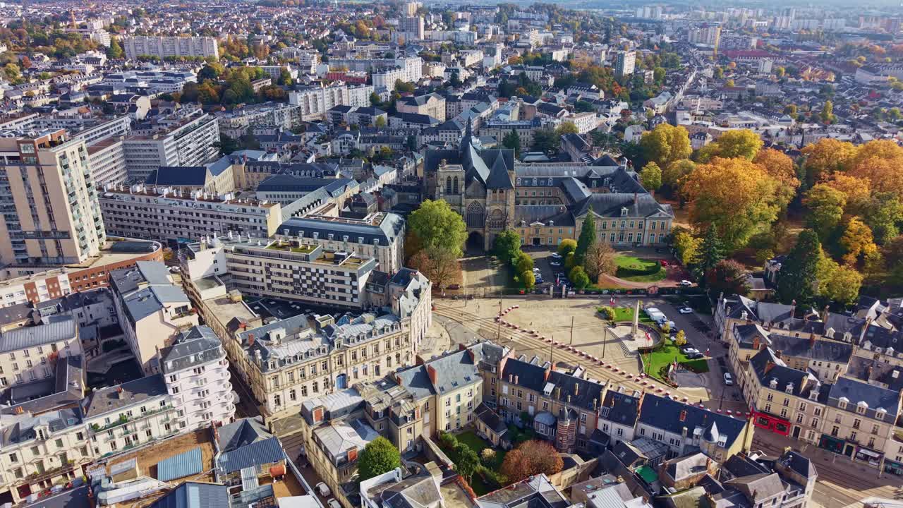 Aerial drone view of Le Mans, France in autumn, prefecture, cathedral, and city square with tram, for travel, history, and architecture content