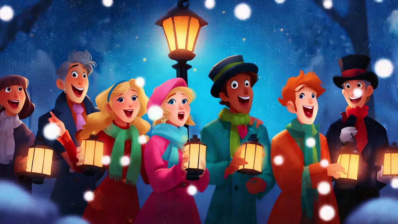 A Joyful Gathering of Friends Singing Cheerfully Under the Snowy Night Sky with Lanterns, Dressed in Colorful Winter Attire, Celebrating the Season Amidst Sweet Nostalgia and Festive Spirit