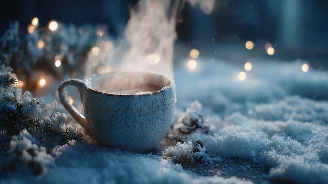 A Cozy Winter Scene Featuring a Steaming Cup of Hot Beverage Amidst a Snowy Landscape, Enhanced by Glowing Lights Creating a Relaxing Atmosphere