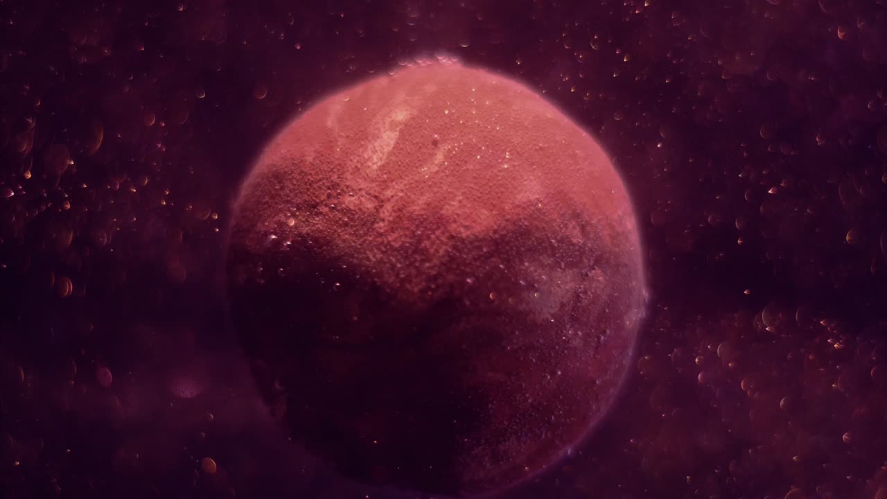 Realistic brown-red planet rotating around its axis. Millions of dust particles shimmering and flying smoothly in the space. Stars glittering.