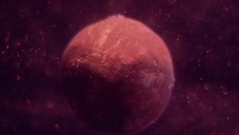 planeta marrón-rojo realista girando alrededor de su eje. millones de partículas de polvo brillando y volando suavemente en el espacio. estrellas brillantes.