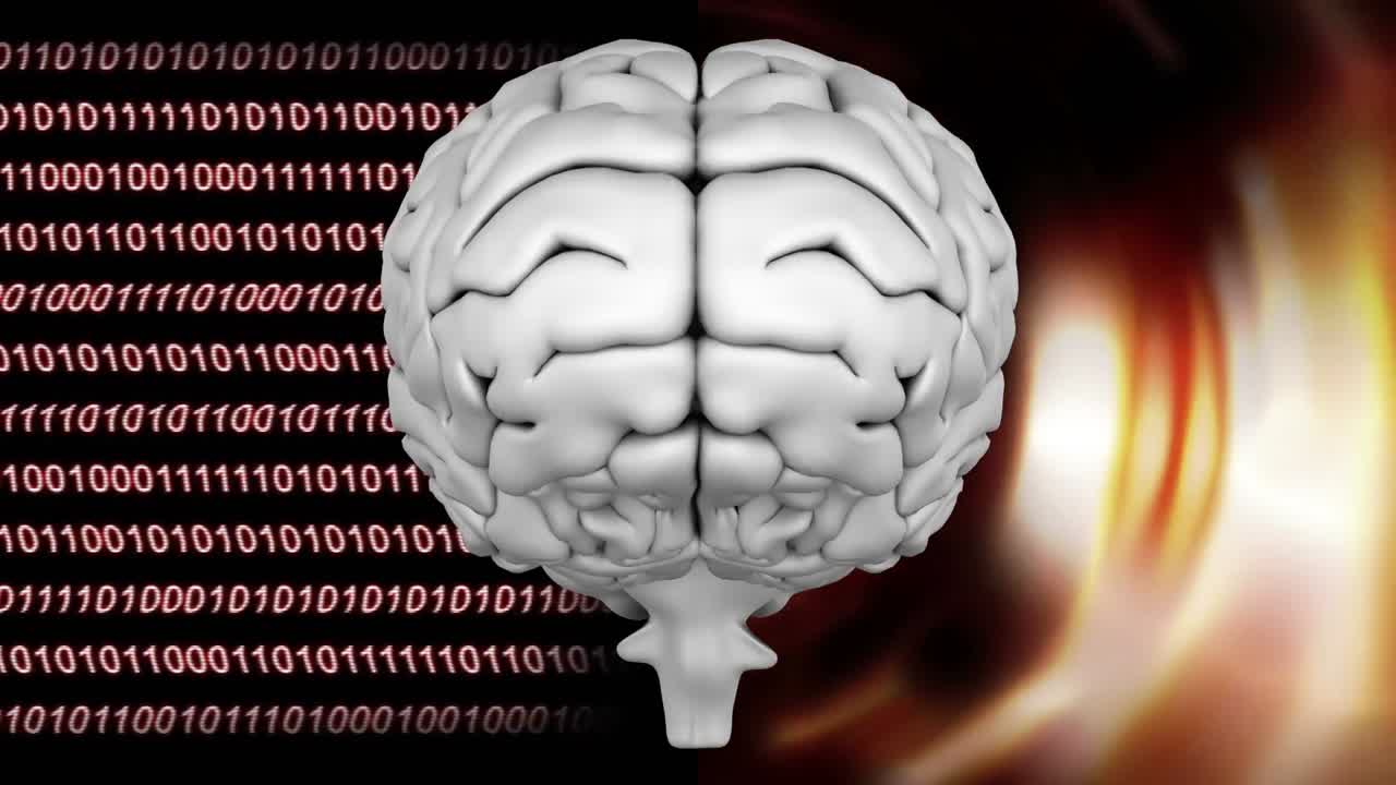 animación de la parte superior del cerebro contra un código binario y luces