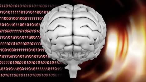 animación de la parte superior del cerebro contra un código binario y luces
