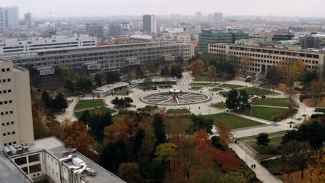 moving aerial shot of freedom square in bratislava, slovakia on overcast day