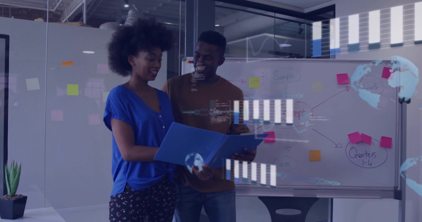 Woman and man holding blue folder and reviewing for business, bar chart overlays appearing in front