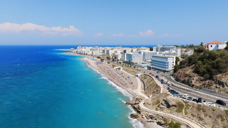aerial view descending in front of downtown rhodes city, sunny day in greece