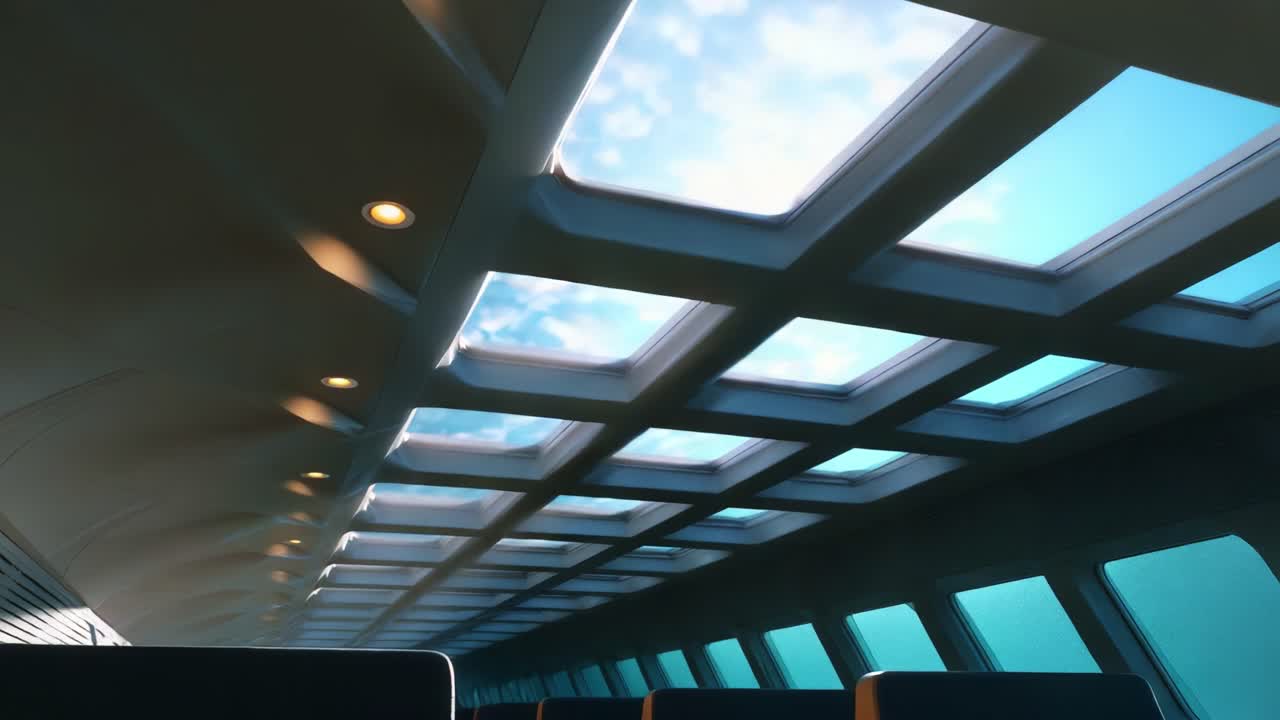 A Journey Through the Depths: A Captivating View from Below the Surface, Showcasing the Tranquil Light Filtering Through the Transparent Roof, Creating a Serene Ambiance in the Interior Space