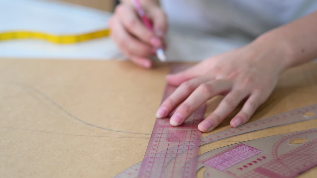 Designer drafting pattern with ruler at Michel and Amazonka studio in Ulaanbaatar, Mongolia. Precision tailoring for the viral Mongolia Paris 2024 Olympic uniforms