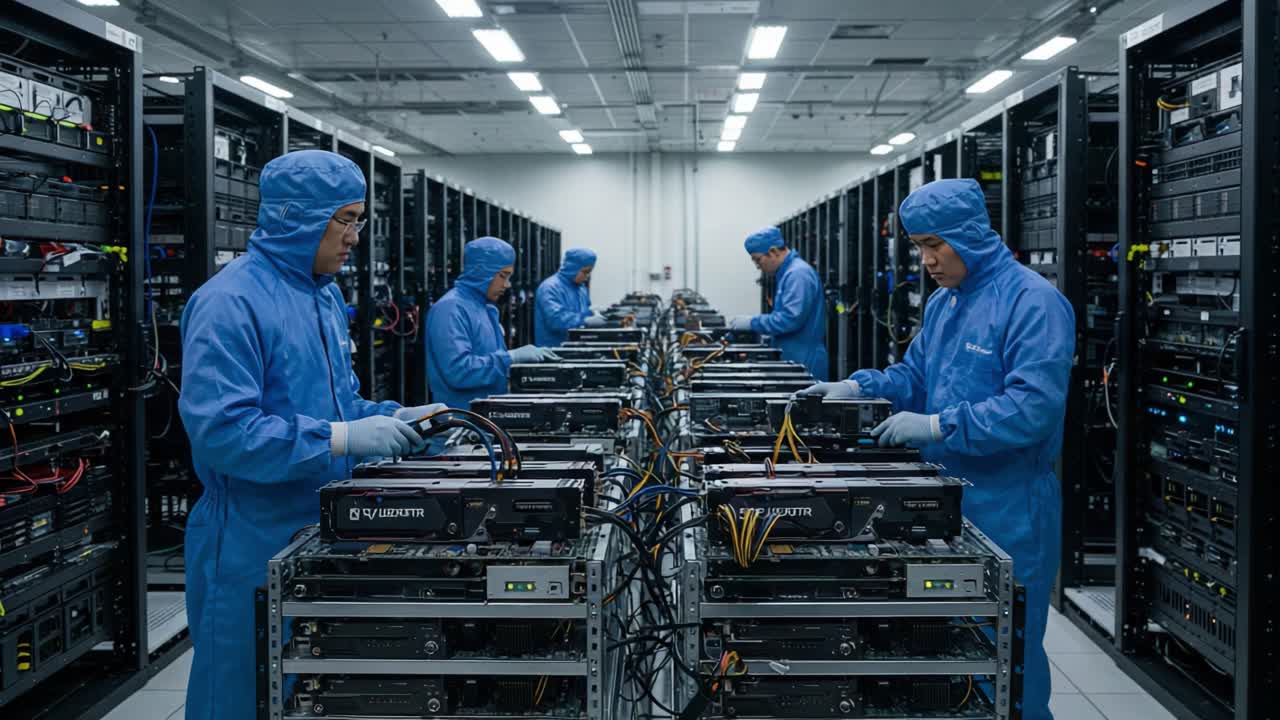 Technicians in Blue Hazmat Suits Maintain High-Tech Server Racks in a Data Center, Ensuring Optimal Performance and Security for Digital Operations