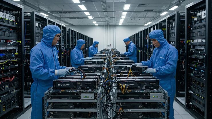 Technicians in Blue Hazmat Suits Maintain High-Tech Server Racks in a Data Center, Ensuring Optimal Performance and Security for Digital Operations