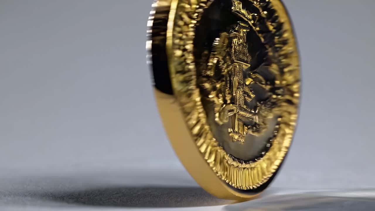 Vídeo em close-up de uma moeda de ouro em pé na borda, filmado de um ângulo baixo, destacando intrincados