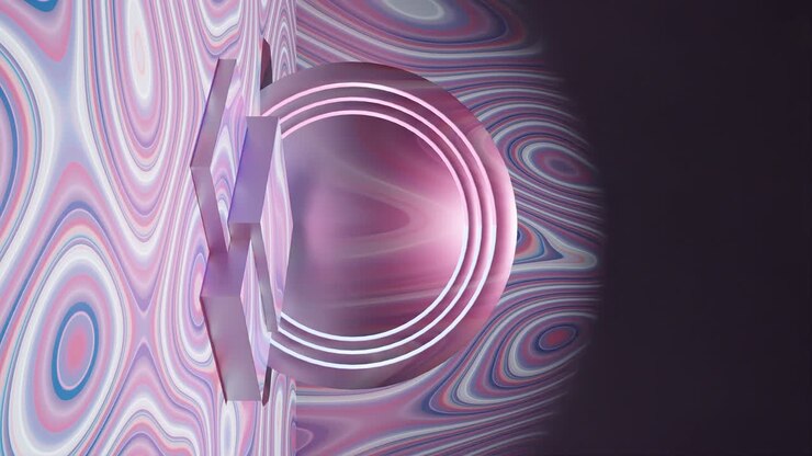 Chrome podium with hypnotic pink color pattern background twirls, vertical