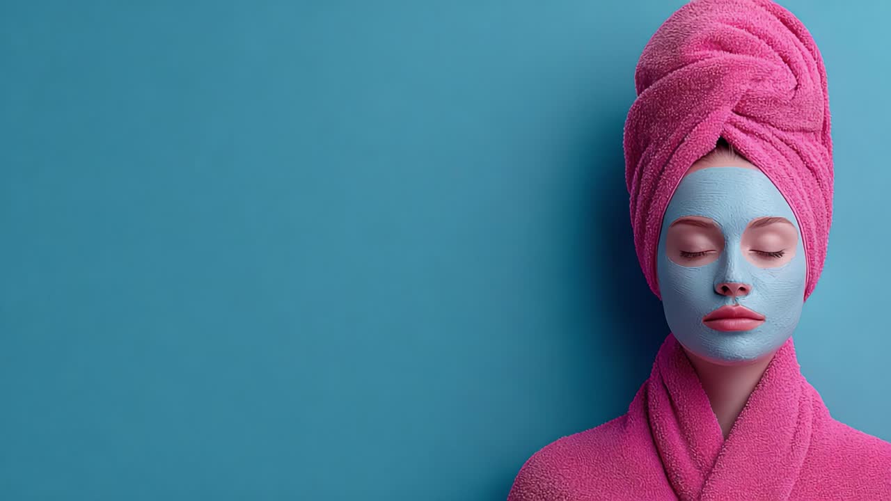 Um Momento Relaxante de Autocuidado: Uma mulher com uma máscara facial azul e uma touca de toalha rosa reflete calma contra um fundo turquesa vibrante.