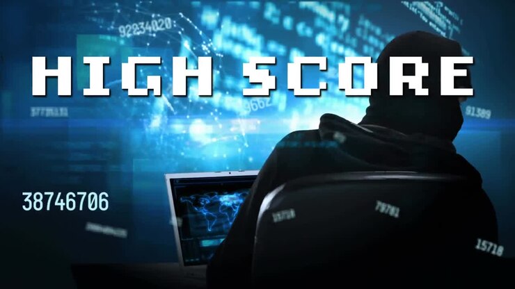 Animation of high score text and data processing over hacker using computer