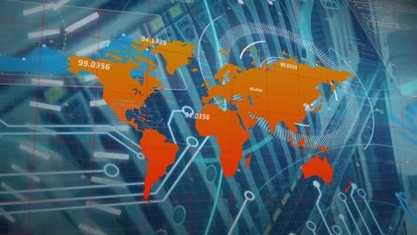 Animation-of-network-of-connections-with-world-map-over-computer-servere