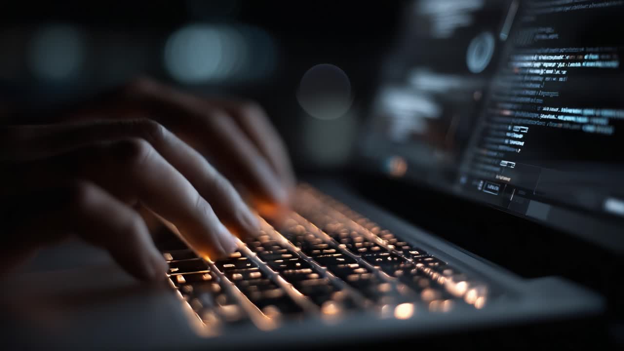 The Intense Focus of Coding: A Close-Up of Hands Typing on a Backlit Keyboard Surrounded by Lines of Code in a Darkened Room