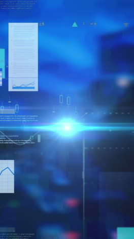 interface digital com processamento de dados contra um ponto brilhante de luz sobre fundo azul