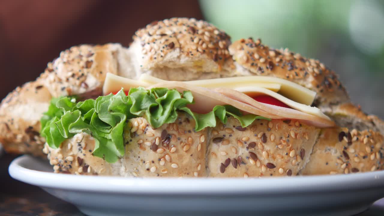 Close-up of a delicious ham and cheese sandwich