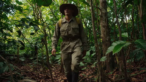 explorer in the lush tropical rainforest
