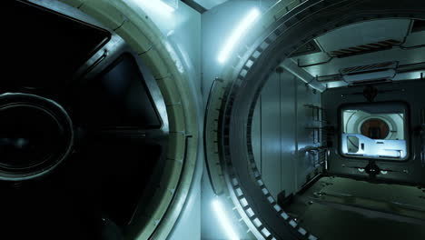 a futuristic spaceship interior with a round door and a corridor