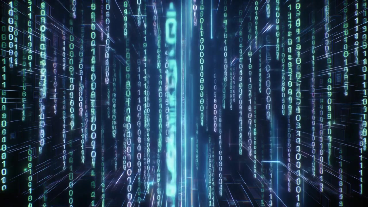 Digital Matrix Tunnel with Falling Binary Code Data Stream