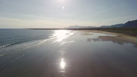 Imágenes-Aéreas-De-Una-Rara-Playa-De-Arena-Dorada-Y-Olas-Tranquilas-Durante-El-Verano-Soleado-En-La-Península-De-Snaefellsness,-Islandia