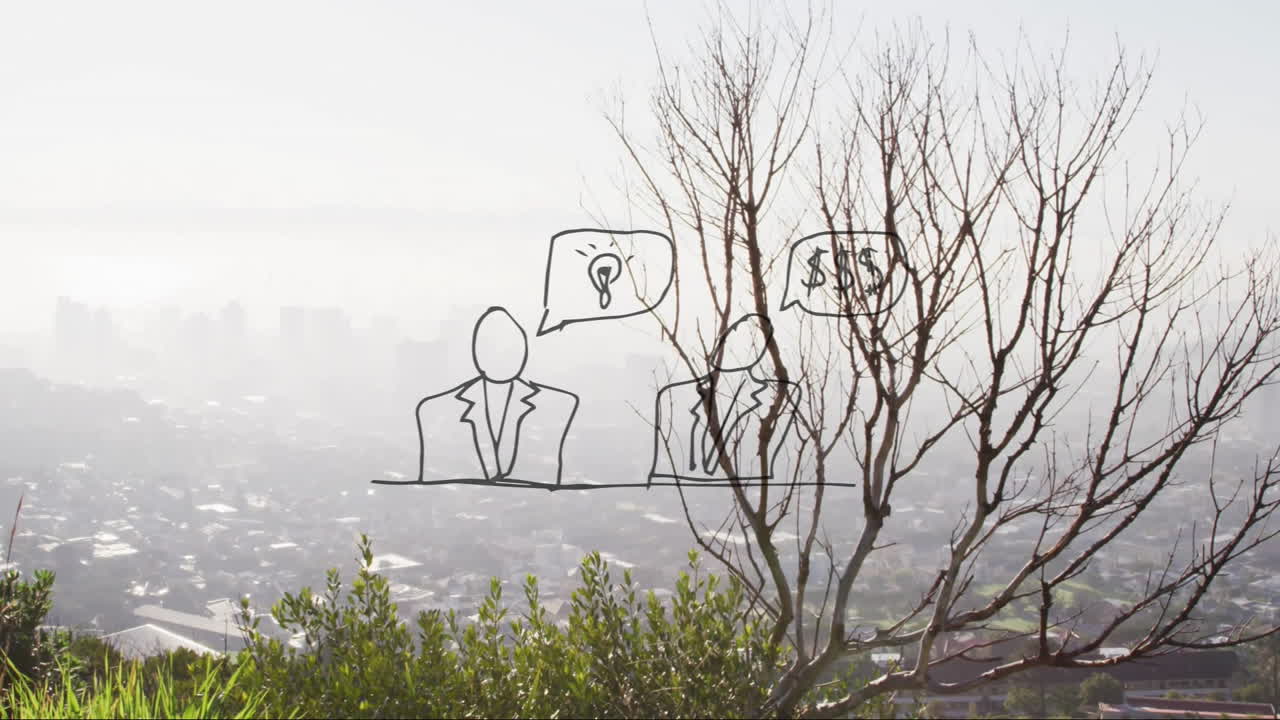 Animated business discussion over cityscape with trees in foreground, engaging scene