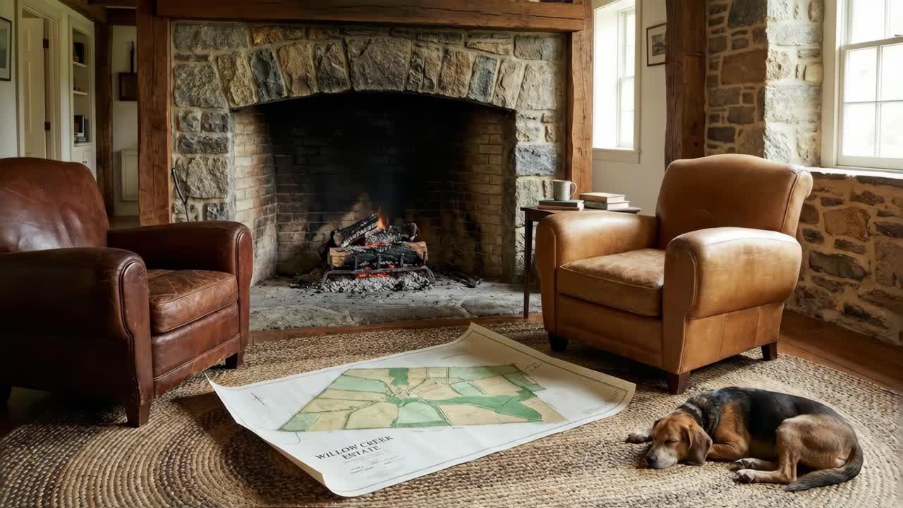 Interior scene with fireplace, leather armchairs, map, and beagle