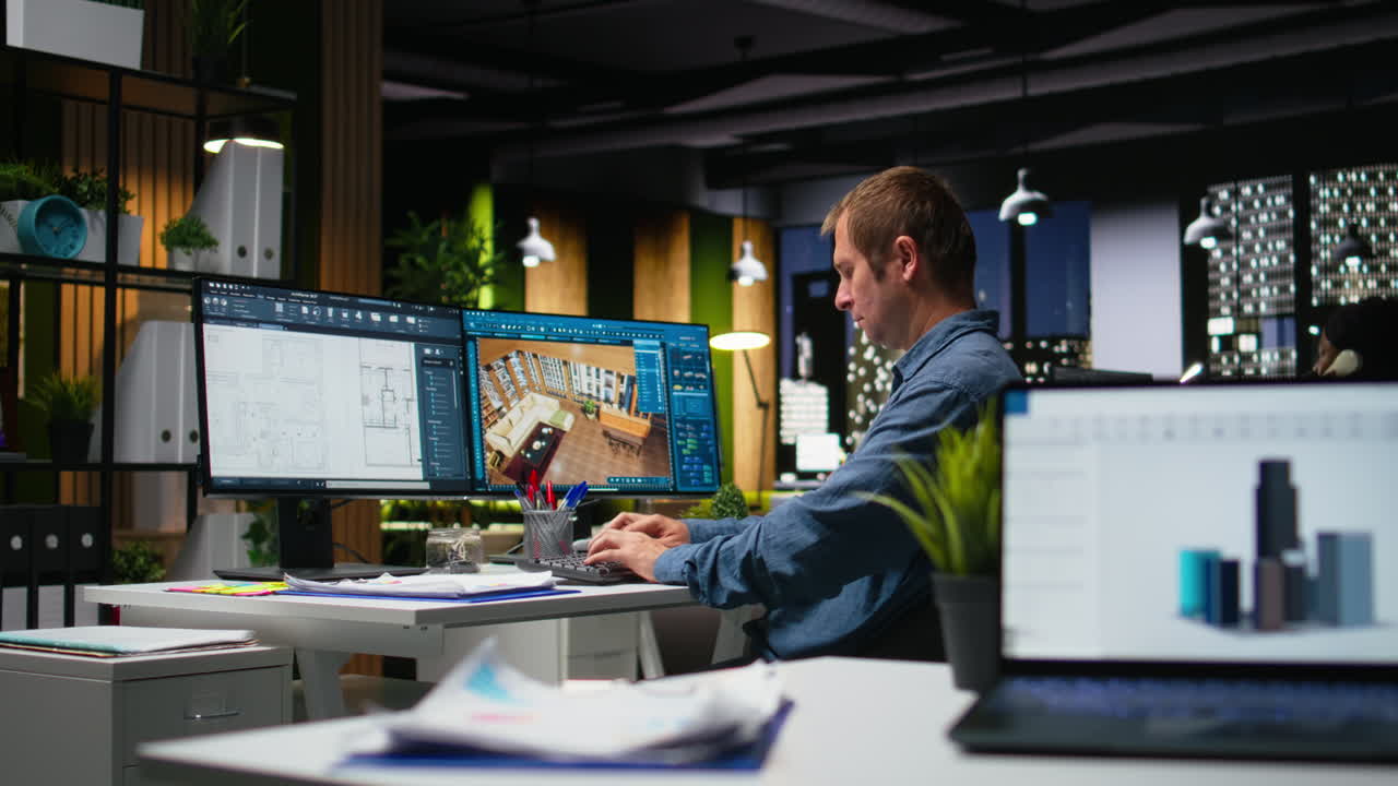 Male employee creates 3D render of an apartment interior using blueprints