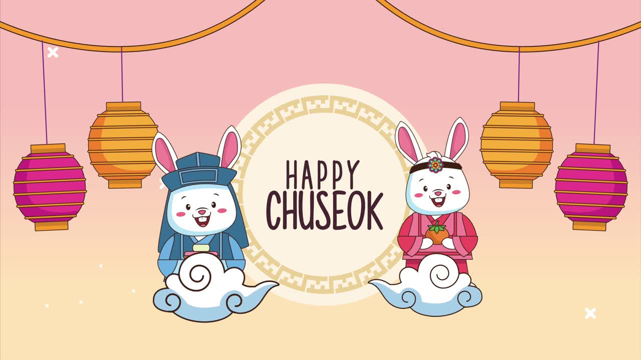 letras chuseok felices en marco circular con conejos pareja y linternas colgando