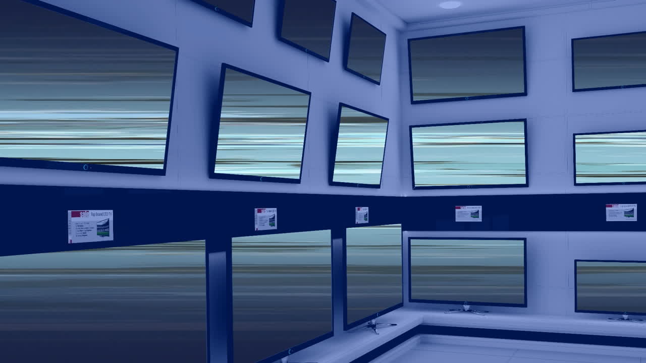 여러 텔레비전의 스크린에서 동기화 된 비디오를 재생 하는 전자 제품 상점의 내부