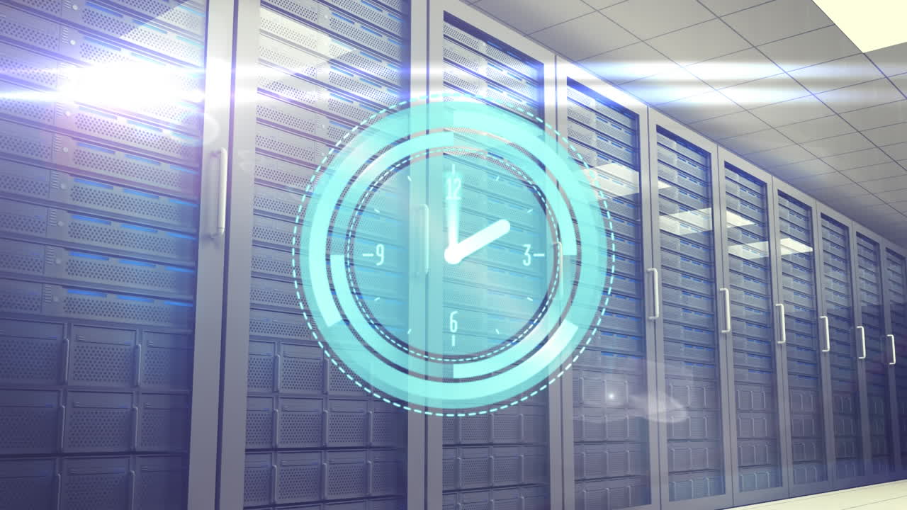 Animation of clock moving fast over computer servers in tech room