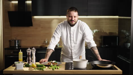 chef prepares a meal in a modern kitchen