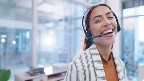 Face,-woman-and-laugh-in-telemarketing-call-center